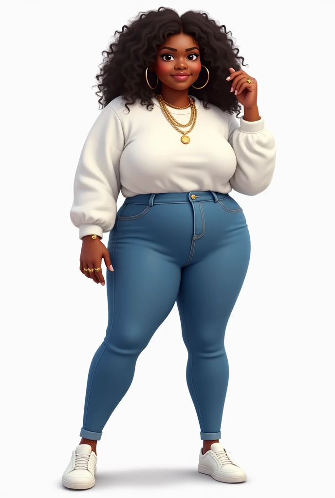 Masterpiece, best quality, (very detailed, 4K), (best quality), (best illustration), (best shadows), , MODERN WOMAN, a woman in WIDE JEANS pants and t-shirtROCKER STYLE T-SHIRT, SANDALS, ((((WIDE WAIST))), Latina woman, overweight woman, brunette skin woman, (((jambo skin))), short curly hair, sagging breasts, thin thigh, tie, hyperrealistic full figure, curved. detailed, full body details, detailed full body portrait, symmetrical full-body rendering, hyper-detailed full-body shot, highly detailed whole body, highly detailed character, full-body commission for, realistic body shape, full-body shot turn