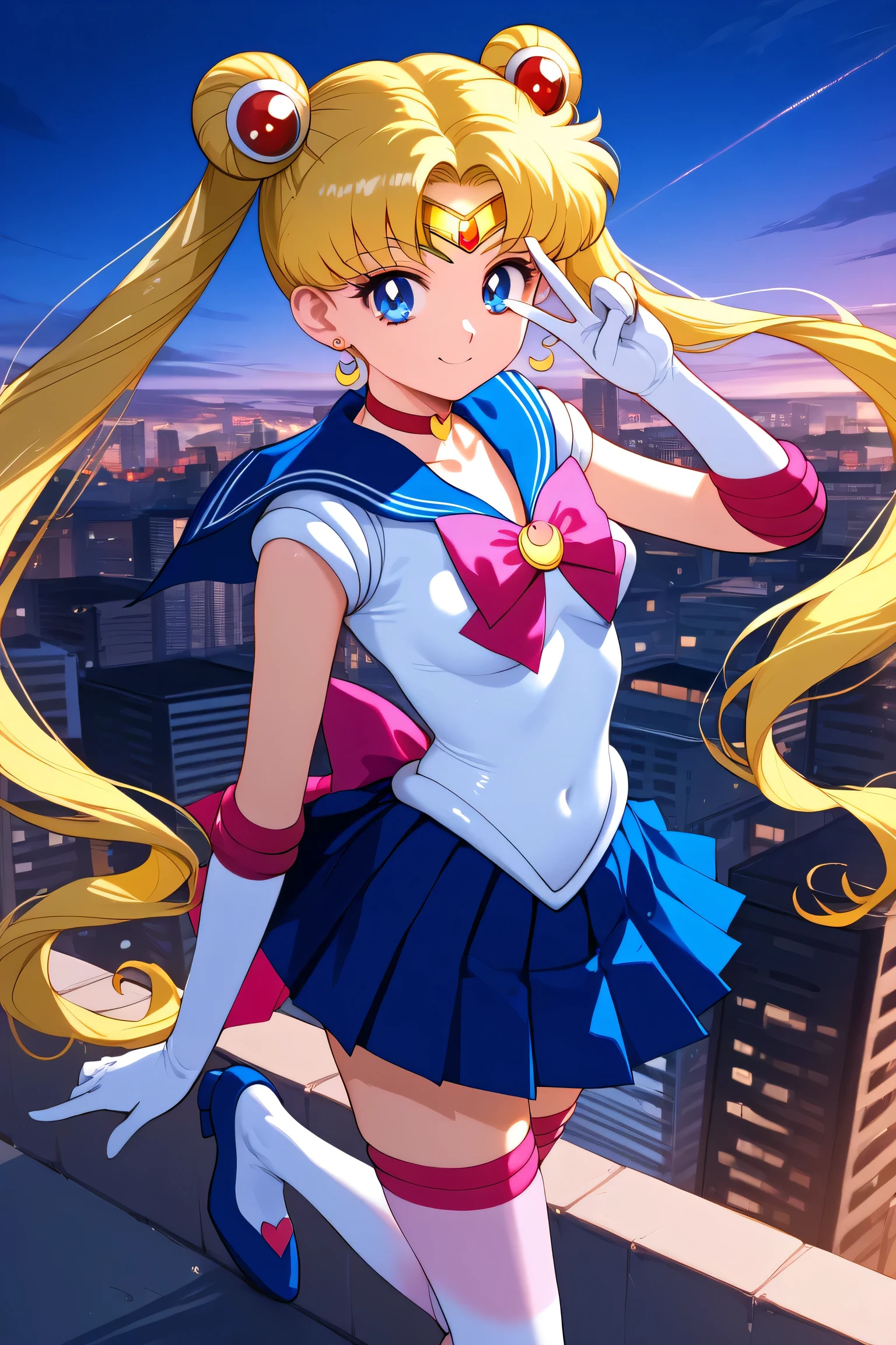 score_9, score_8_up, score_7_up, volumetric lighting, pastel colors, blue eyes, bishoujo_senshi_sailor_moon, super_sailor_moon, Tsukino_Usagi, twin tails, blonde hair, blue pleated_skirt, skirt up, red_choker, thighhighs, jewelry, circlet, small perfectly round breasts, teardrop breasts, petite body, long hair, perfect round ass, city, rooftop, showing lots of skin, heroic poses, victory sign