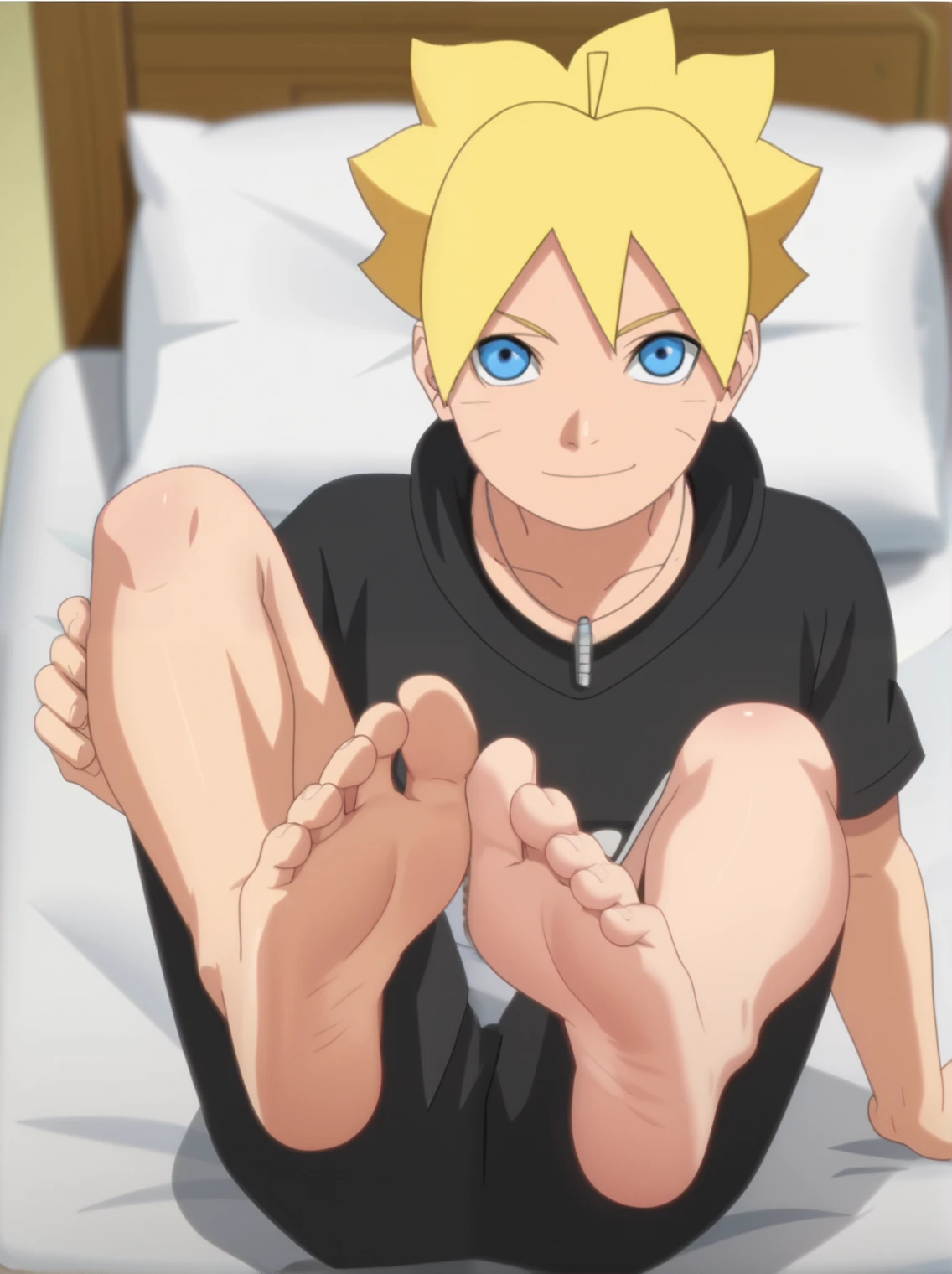 score_9, score_8_up, source_anime,
1boy, Boruto Uzumaki, spiky blonde hair, blue eyes, black hoodie, dark pants, short sleeves, alone, looking at viewer, cowboy shot, ANIME SCREENCAP, anime coloring, in his bedroom, from above, lying on the bed, lifting legs to show his soles, barefoot, perfect feet, anatomically correct, soles, focal length 35mm, each foot has five toes, front, symmetrical soles, foot focus, flirty smile, flirty gaze