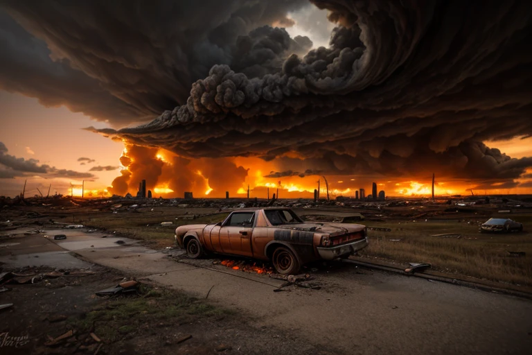 Phoenix Risen from the Rubble: Using HDR to highlight the model emerging from a mound of debris, her hair caught mid-flutter resembling flames. The ash-streaked dress and jewelry echoing the industrial ruin backdrop - a testament to her rise, her resilience amidst urban chaos. (topless: 1.25)