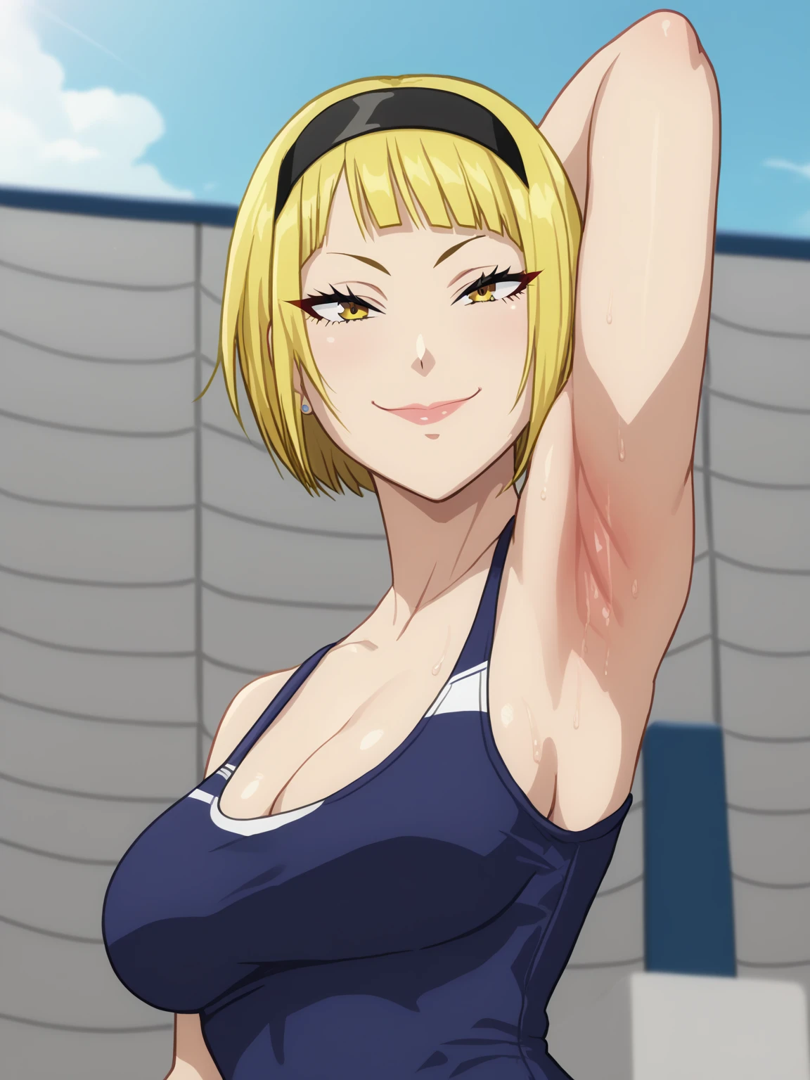 score_9, score_8_up, score_7_up, source_anime, anime screencap, 1girl, solo, saeko tanaka, short bob cut hair, yellow hair, yellow eyes , large breasts, volleyball outfit, arm behind head, armpit, armpit focus, from side, (from below:1.1), looking at viewer, head towards viewer, smile, closed mouth, badhandv4, outdoors, day, sweaty