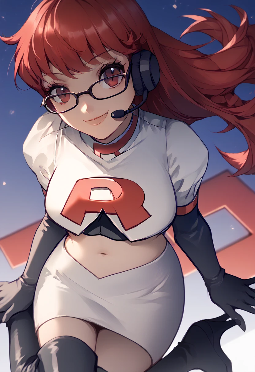 Team rocket, team rocket uniform, red letter R, white skirt,white crop top,black thigh-high boots, black elbow gloves, evil smile, night sky background, headset, large breasts, high-heeled boots, kasumi yoshizawa, red hair, glasses