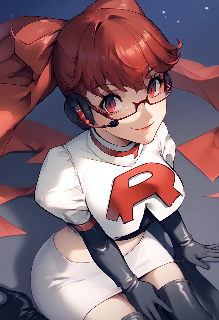 Team rocket, team rocket uniform, red letter R, white skirt,white crop top,black thigh-high boots, black elbow gloves, evil smile, night sky background, headset, large breasts, high-heeled boots, kasumi yoshizawa, red hair, glasses