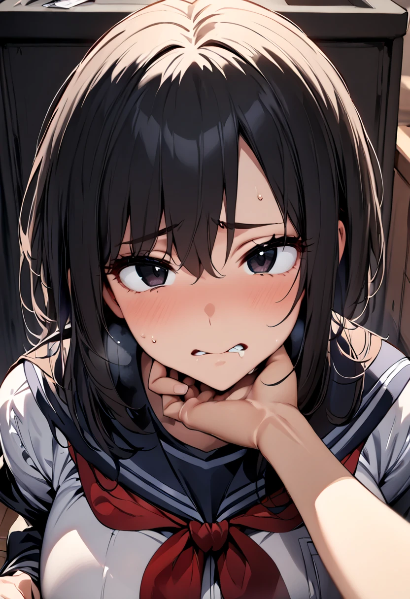 (  Masterpiece  ,   top quality:1.2), 1 girl, Alone,  expressive eyes,  squirm on the floor and look above, ((( looking at the camera))),  Female College Student,  Short Black Hair , ((( perfect face girl who wraps a neckerchief directly around her neck))), Big tits uniform, Troubled face, (Looking down), (((face shot))), (POV hand), (((POV grab your chin )))