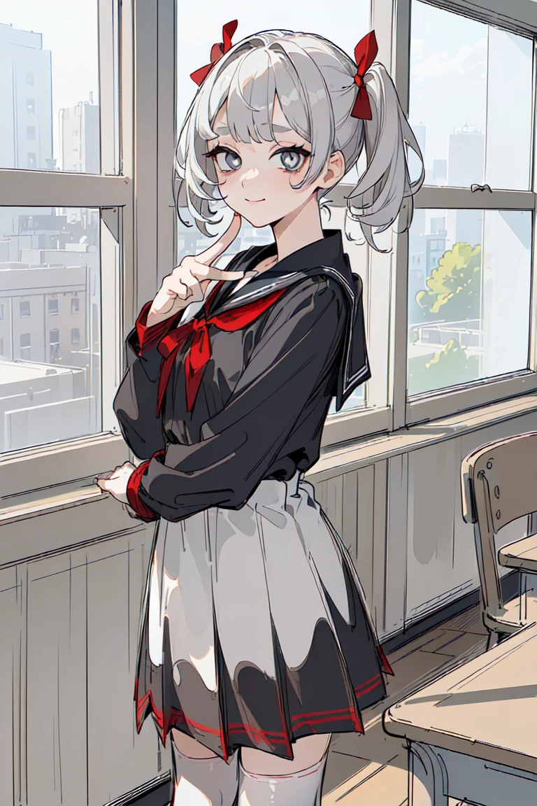 ((masterpiece,  top quality,  super high quality , Quan, sketch:1.1), 1 girl , half up pigtails,  young and short haired, Pure white hair, bob hair,  short bang, ((Pale grey eyes, White Eyes, White pupil)) ((White pupil)), (Colored eyelashes, White eyelashes:1.2),  neutral,  big smile ,medium brest, sitting on a chair ,anna millers,Tilt your head,(((highest quality、High resolution、Detailed Background、Beautiful face in every detail、Teenage beauty、Detailed red eyes、Realistic、Perfect body line、Black Hair、Black Hairロングヘア、well-groomed eyebrows、Cute Lip Makeup、Calm atmosphere、A short-sleeved shiny dark sailor suit、White sailor collar、Navy blue pleated skirt、Red ribbon、White Stockings、Standing by the window in the classroom、Looking at me with a happy expression、Cute gestures、very beautiful)))