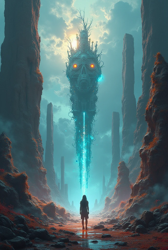 a person walking through cliff made of human skulls, fantasy, horror