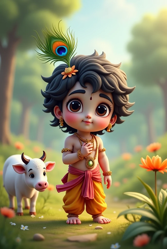God Krishna age of 1 year old cute boy smiling, adorning with peacock feather  playing with a cow 
