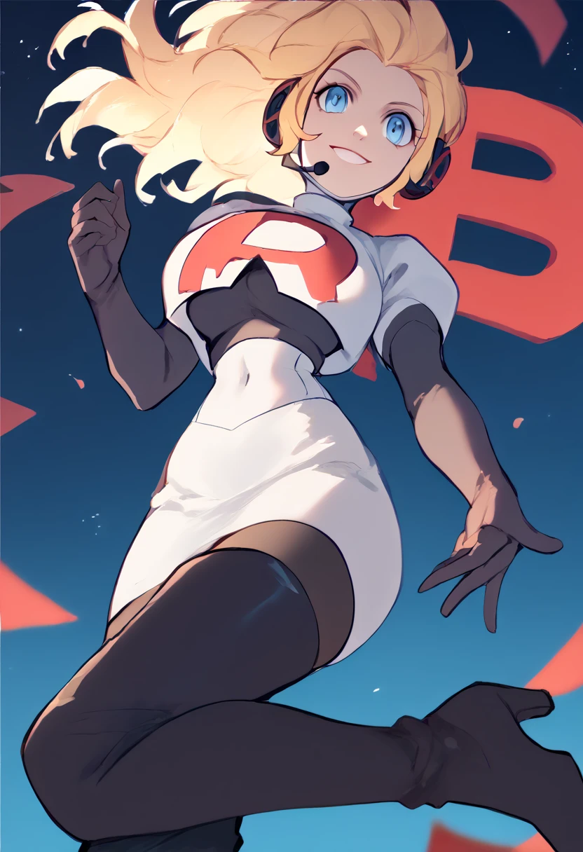 Team rocket, team rocket uniform, red letter R, white skirt,white crop top,black thigh-high boots, black elbow gloves, evil smile, night sky background, headset, large breasts, high-heeled boots, Aigis, blonde hair, robot girl