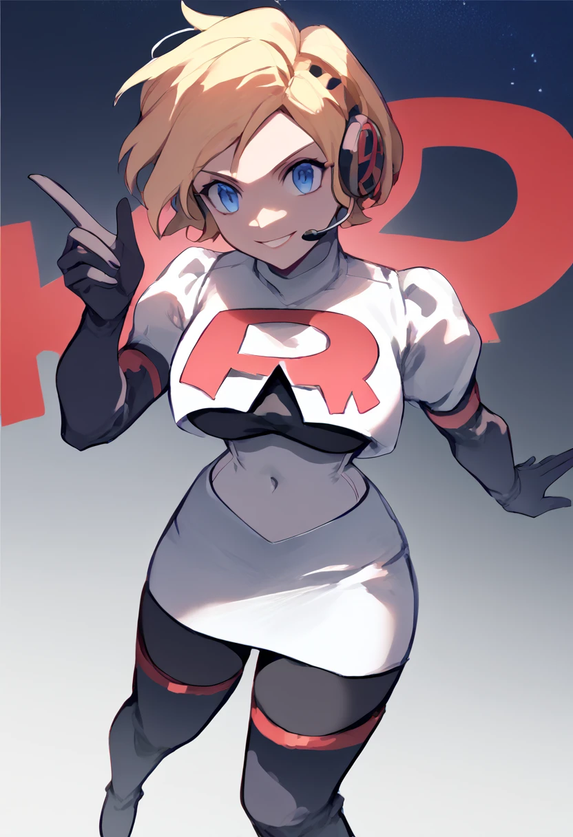 Team rocket, team rocket uniform, red letter R, white skirt,white crop top,black thigh-high boots, black elbow gloves, evil smile, night sky background, headset, large breasts, high-heeled boots, Aigis, blonde hair, robot girl