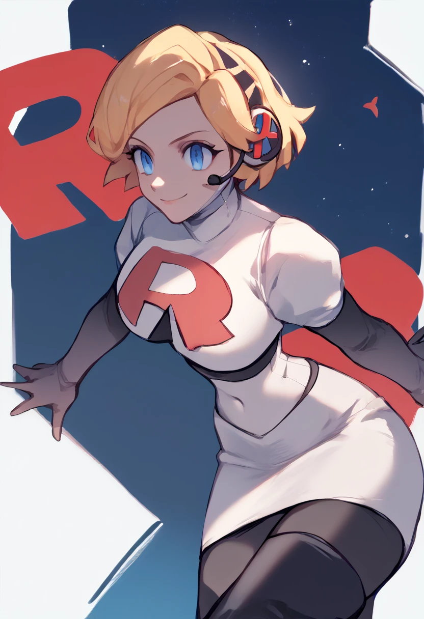 Team rocket, team rocket uniform, red letter R, white skirt,white crop top,black thigh-high boots, black elbow gloves, evil smile, night sky background, headset, large breasts, high-heeled boots, Aigis, blonde hair, robot girl