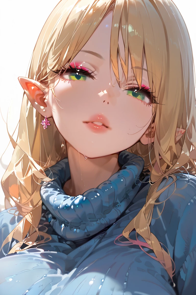 
score_9, score_8_up, score_7_up, 1girl,solo, upper body,looking at viewer, white background, voluminous long blonde hair, elf, makeup , parted lips, lipstick, eyeliner, bimbo, gyaru woman, gigantic breasts, sweater, mint green eyes