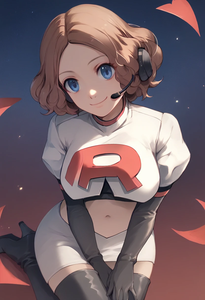 Team rocket, team rocket uniform, red letter R, white skirt,white crop top,black thigh-high boots, black elbow gloves, evil smile, night sky background, headset, large breasts, high-heeled boots, Haru Okumura, brown hair