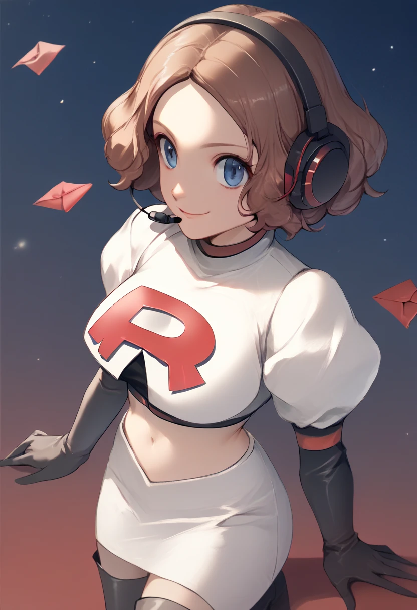 Team rocket, team rocket uniform, red letter R, white skirt,white crop top,black thigh-high boots, black elbow gloves, evil smile, night sky background, headset, large breasts, high-heeled boots, Haru Okumura, brown hair