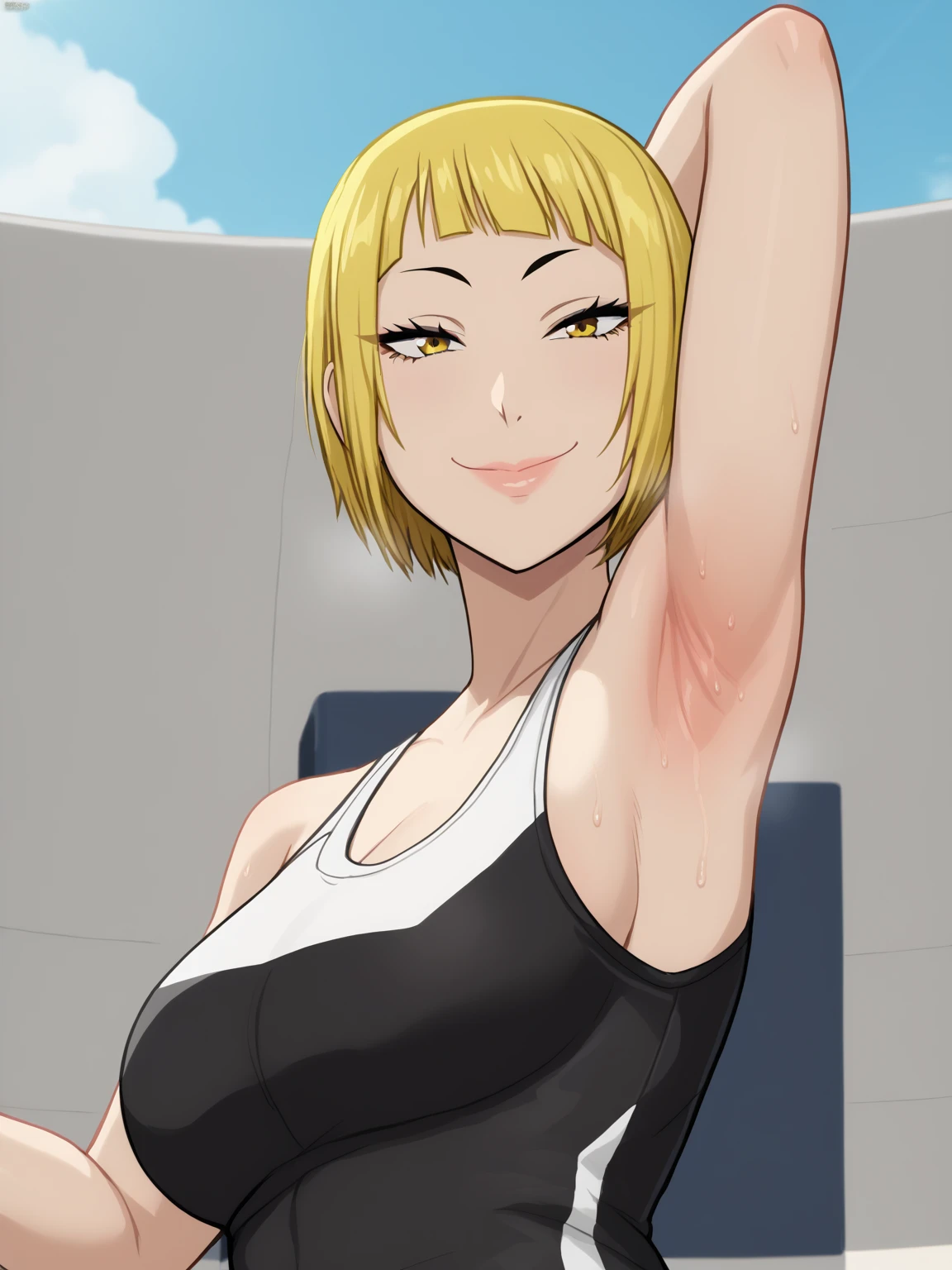 score_9, score_8_up, score_7_up, source_anime, anime screencap, 1girl, solo, saeko tanaka, short bob cut hair, yellow hair, yellow eyes , large breasts, volleyball outfit, arm behind head, armpit, armpit focus, from side, (from below:1.1), looking at viewer, head towards viewer, smile, closed mouth, badhandv4, outdoors, day, sweaty