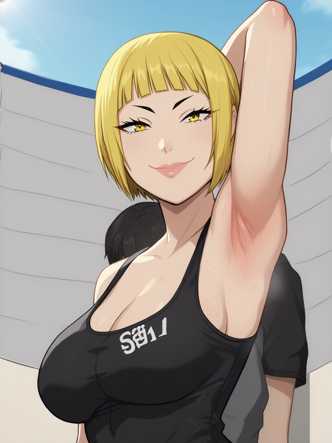 score_9, score_8_up, score_7_up, source_anime, anime screencap, 1girl, solo, saeko tanaka, short bob cut hair, yellow hair, yellow eyes , large breasts, volleyball outfit, arm behind head, armpit, armpit focus, from side, (from below:1.1), looking at viewer, head towards viewer, smile, closed mouth, badhandv4, outdoors, day, sweaty