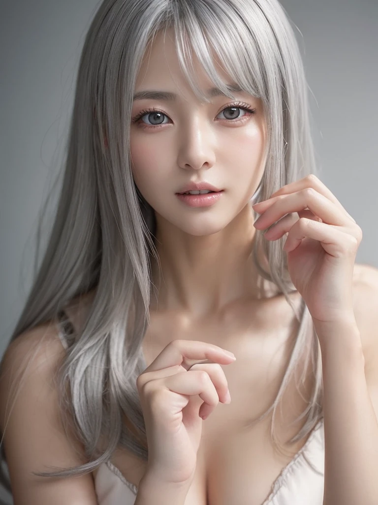 （( top quality)), ((  Masterpiece  )), (  Details),beautiful（Anime） grey-haired girl 　Grey-haired girl with right index finger on her lips 　 sexy　Nearly naked、 sexy、 ecstasy、 sensual expression、 adult appeal 、