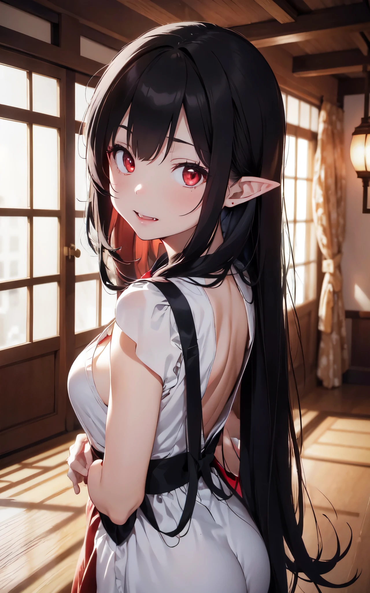 anime beautiful demon women, shark teeth, long hair, red eyes, wicked smile, detailes, (4k, ultra-detailed), room, naked, sexy, highres, seductive pose, back pose