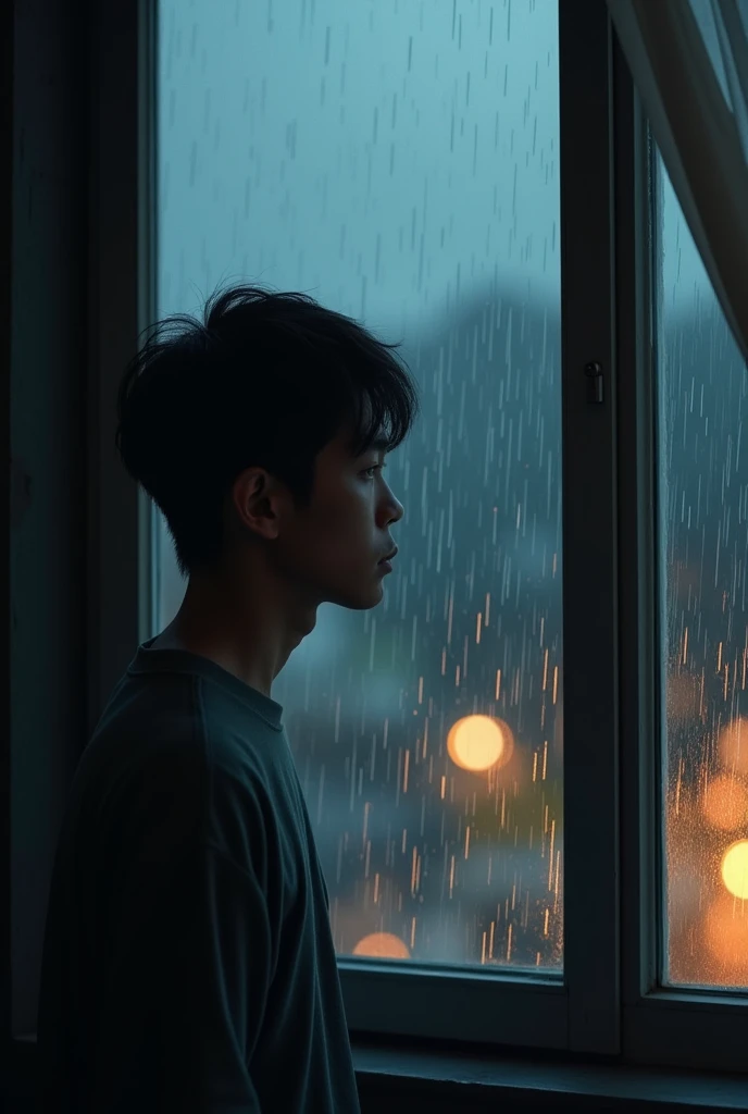 A boy in his room on the rainy night by the window watching the viewer beautiful boy slim thin face