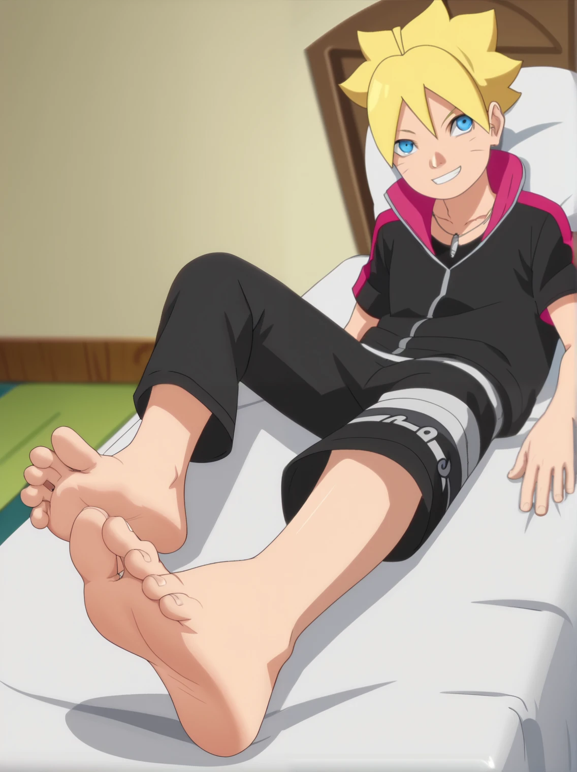 score_9, score_8_up, source_anime,
1boy, Boruto Uzumaki, spiky blonde hair, blue eyes, black hoodie, dark pants, short sleeves, alone, looking at viewer, cowboy shot, ANIME SCREENCAP, anime coloring, in his bedroom, from above, lying on the bed, lifting legs to show his soles, barefoot, perfect feet, anatomically correct, soles, focal length 35mm, each foot has five toes, front, symmetrical soles, foot focus, flirty smile, flirty gaze, back resting on the bed