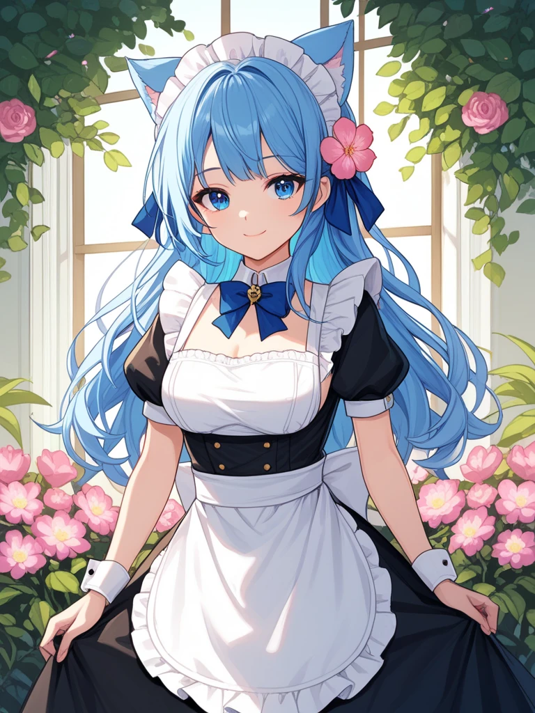 1girl, animal ears, apron, blue bow, blue eyes, blue hair, bow, dress, flower, hair bow, long hair, maid, maid headdress, pink flower, puffy short sleeves, puffy sleeves, short sleeves, smile, solo, two side up, white apron,