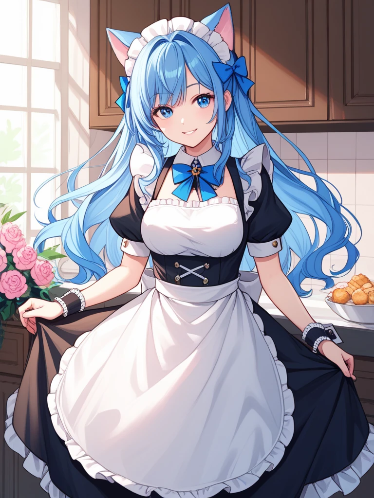 1girl, animal ears, apron, blue bow, blue eyes, blue hair, bow, dress, flower, hair bow, long hair, maid, maid headdress, pink flower, puffy short sleeves, puffy sleeves, short sleeves, smile, solo, two side up, white apron,