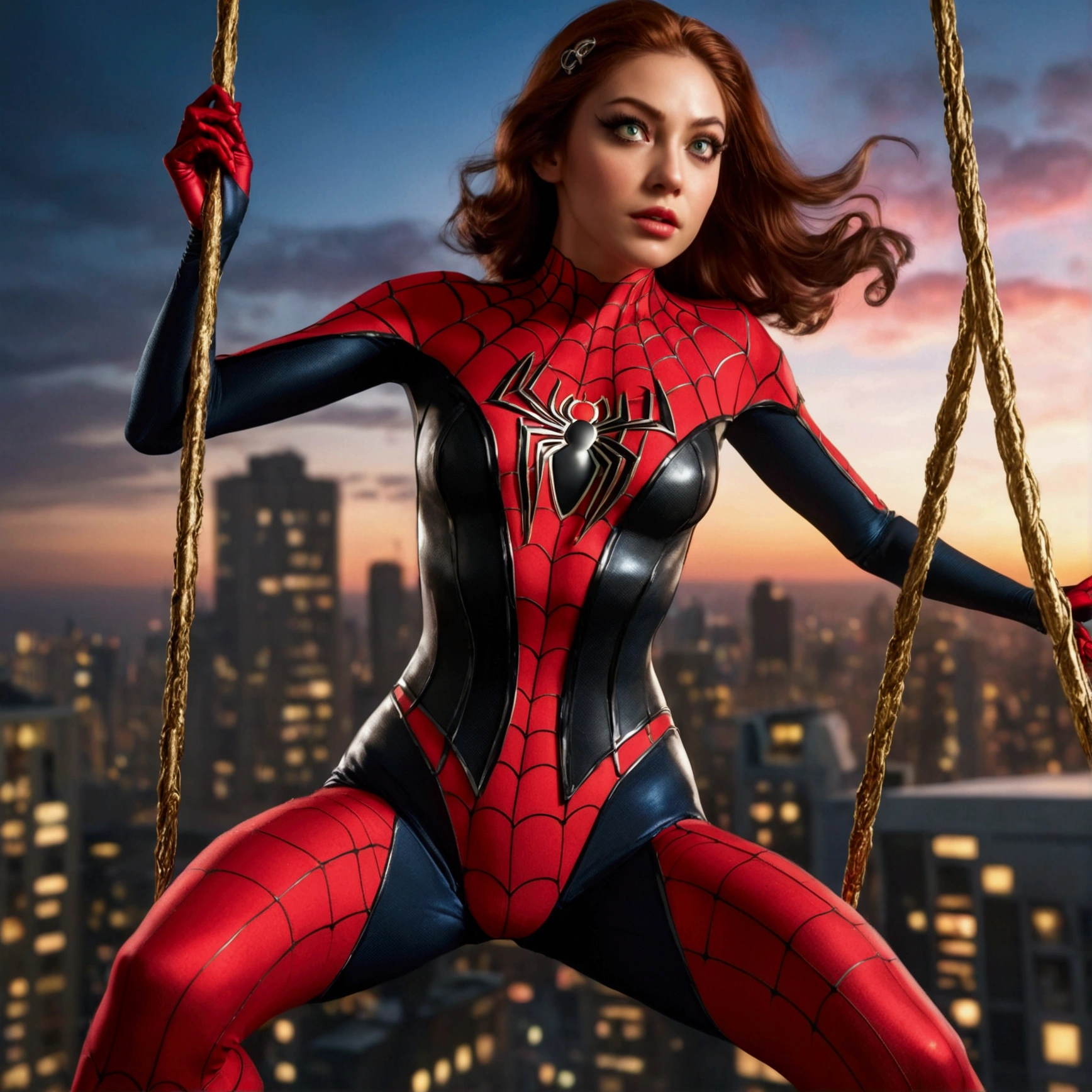 Photo of female spidewoman in on top of a building, young, nerdy, intricate background, (raw, extremely intricate:1.3), poor quality photo, cinematic light, best shadow, looking at viewer, (evil:0.8), wide hips, skinny, detailed skin, (blurry:1.1), red lips, flirting to the camera, redhead, short hair, transparent fabric, wind, looking to the camera