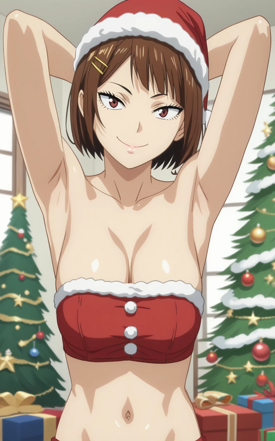 score_9, score_8_up, score_7_up, source_anime, anime screencap, 1girl, solo, tanaka saeko, bare shoulders, bare arms, hairclip, Santa costume, red costume, Santa hat, navel, bellybutton, Christmas tree, arms behind head, armpits, looking at viewer, head towards viewer, smile, closed mouth, badhandv4, indoors, strapless 