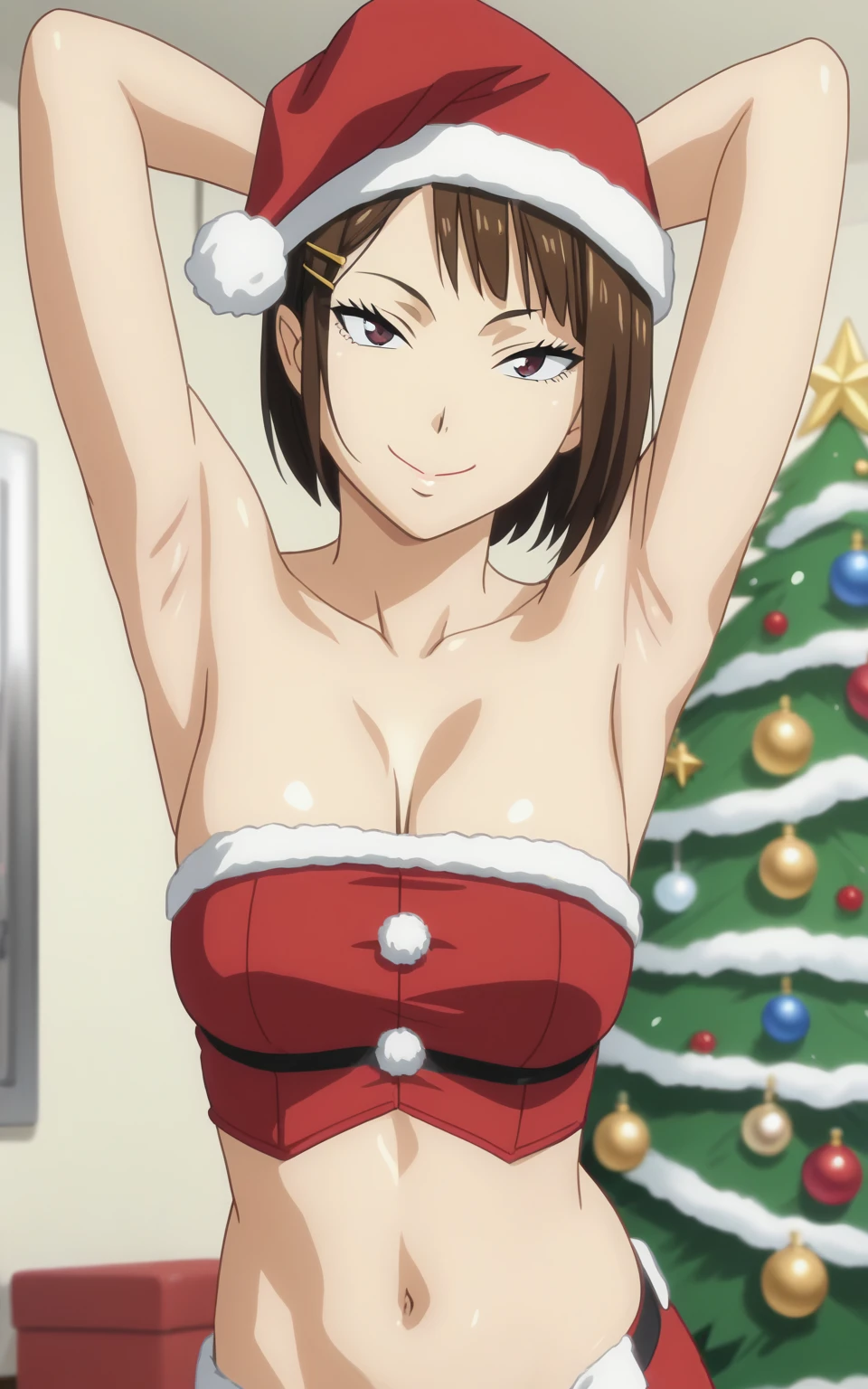 score_9, score_8_up, score_7_up, source_anime, anime screencap, 1girl, solo, tanaka saeko, bare shoulders, bare arms, hairclip, Santa costume, red costume, Santa hat, navel, bellybutton, Christmas tree, arms behind head, armpits, looking at viewer, head towards viewer, smile, closed mouth, badhandv4, indoors, strapless 