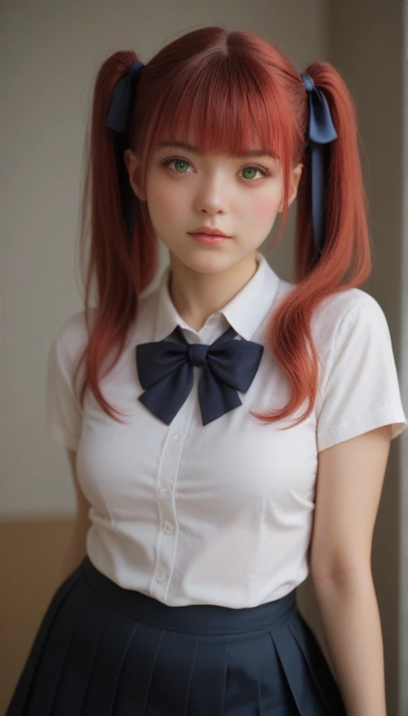 UltrarealismAccuracy, textured leather, Realistic anatomy,similar to Lyvlas 1 girl,schoolgirl, Breasts size A, blushing, twintails, ruby hair, bang, bang на глаза, front view, looks at the viewer,green eyes, shyming, close mounth,Double tails, hair ribbon,mini skirt schoolgirl uniform,anime style,fertility 