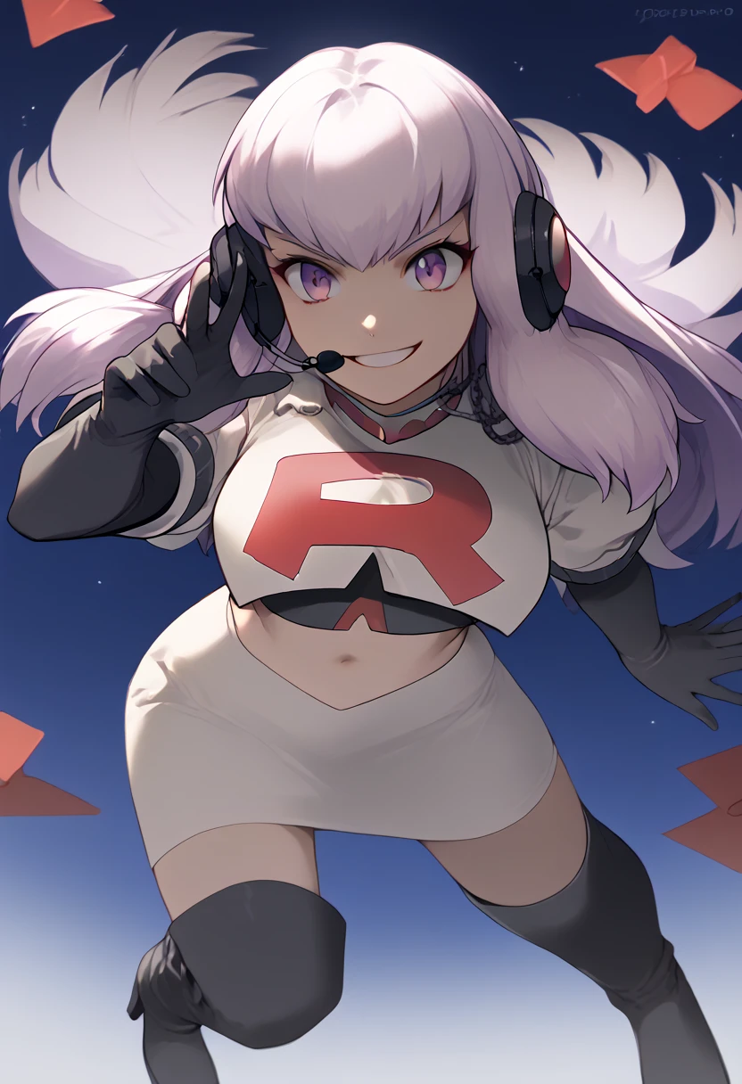 Team rocket, team rocket uniform, red letter R, white skirt,white crop top,black thigh-high boots, black elbow gloves, evil smile, night sky background, headset, large breasts, high-heeled boots, Lysithea Von Ordelia, white hair