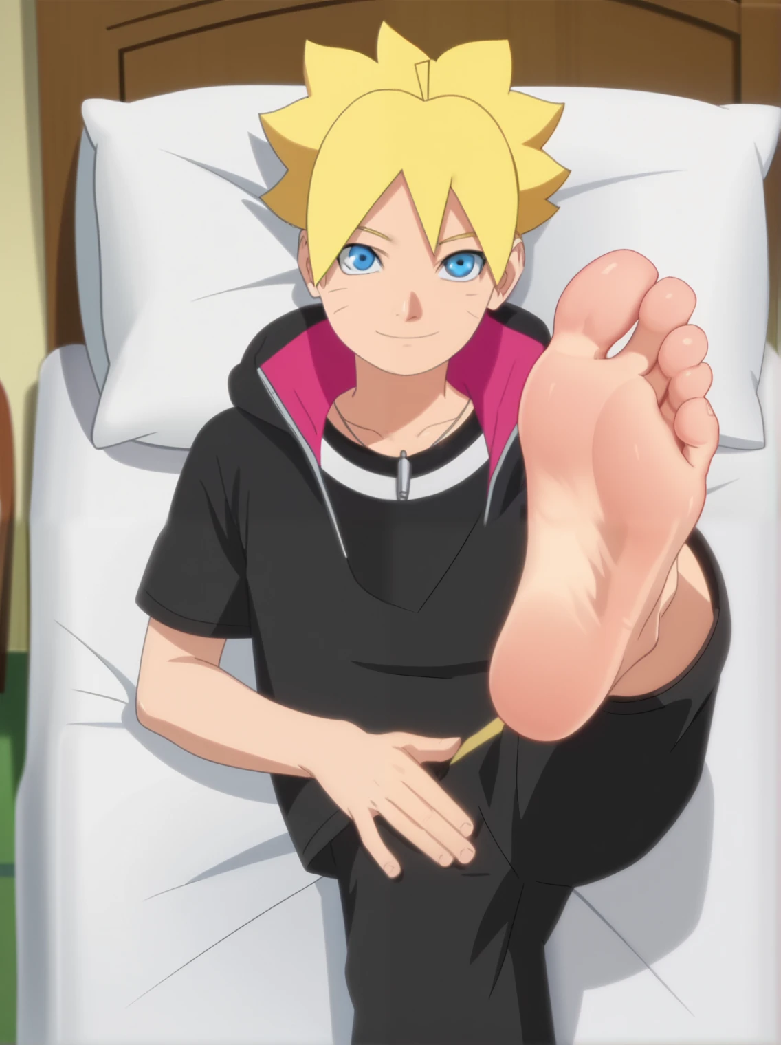 score_9, score_8_up, source_anime,
1boy, Boruto Uzumaki, spiky blonde hair, blue eyes, black hoodie, dark pants, short sleeves, alone, looking at viewer, cowboy shot, ANIME SCREENCAP, anime coloring, in his bedroom, from above, lying on the bed, lifting legs to show his soles, barefoot, perfect feet, anatomically correct, soles, focal length 35mm, each foot has five toes, front, symmetrical soles, foot focus, flirty smile, flirty gaze, back resting to the bed