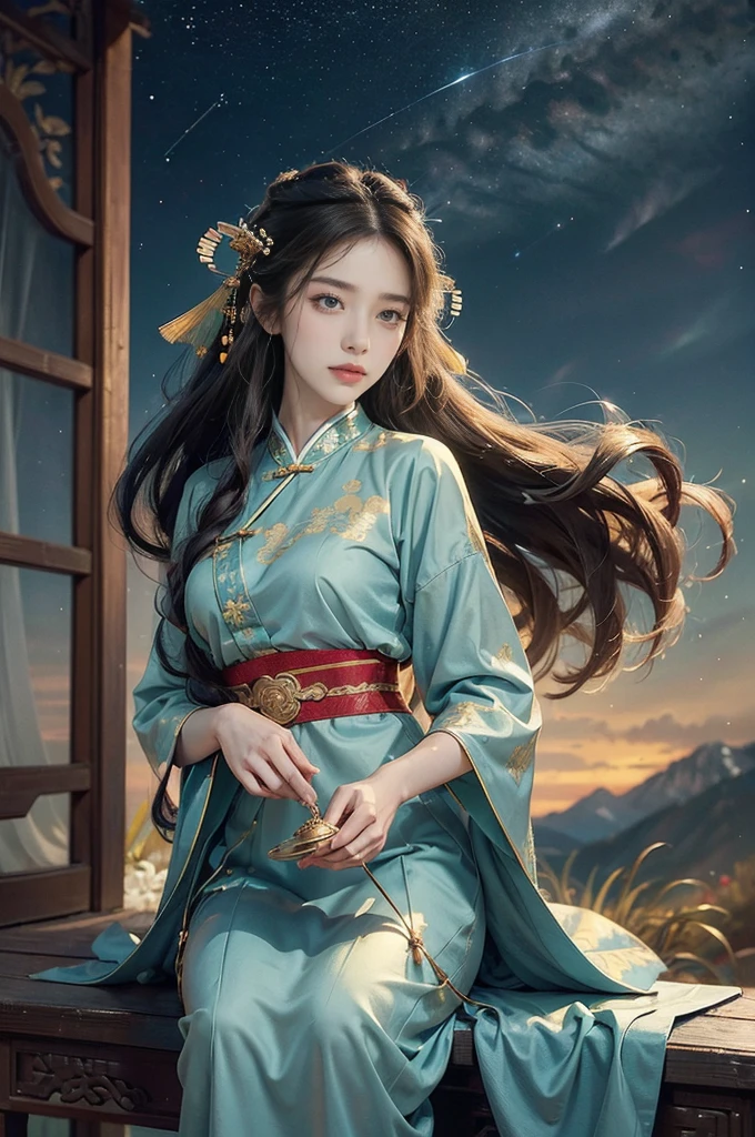 Unbeatable masterpiece, Ultra photo realsisim , Perfect artwork , Intricate details , Best quality , Strong light , High contrast , Dynamic pose , Dutch angle , ((Depth of field)) , (fantasy) , fansty world , An extremely delicate and beautiful) , full moon , 1 rapariga, Rabbit , Chinese_clothes , Night , Floral_print ,Solo , flower , Long hair , Outdoor sunlight , view the viewer , Night sky , Moonlight , Hanfu , (dishiveredhair: 1.1 ) , Silk streamers , (breezy:1.1)