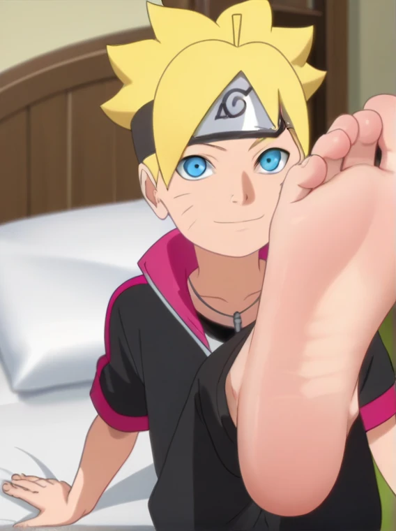 score_9, score_8_up, source_anime,
1boy, Boruto Uzumaki, spiky blonde hair, blue eyes, black hoodie, dark pants, short sleeves, forehead protector, alone, looking at viewer, cowboy shot, ANIME SCREENCAP, anime coloring, in his bedroom, from above, lying on the bed, lifting legs to show his soles, barefoot, perfect feet, anatomically correct, soles, focal length 35mm, each foot has five toes, front, symmetrical soles, foot focus, flirty smile, flirty gaze, back resting to the bed