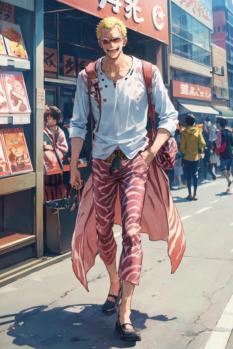 solo, doffy , looking at viewer,outdoors,akihabara,shopping