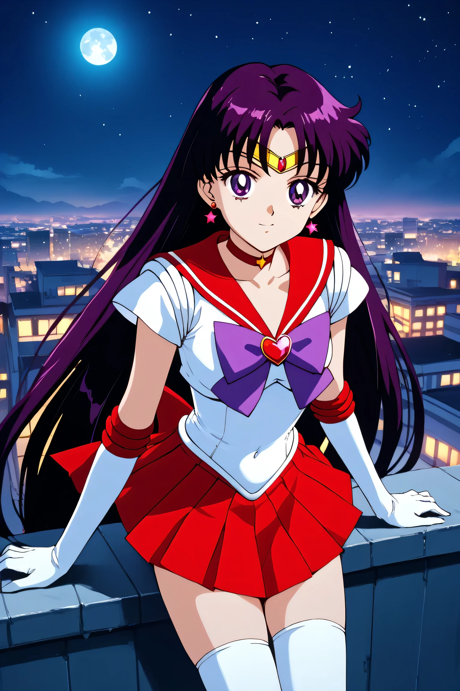 masterpiece, best quality, 1girl, solo, facing viewer, (art by Naoko Takeuchi), rooftop, skyline, night, fog, starry sky, full moon, bishoujo senshi sailor moon
BREAK, EPsmSailorMars, purple eyes, purple hair, very long hair, bow, bowtie, purple bow, purple bowtie, breasts, brooch, choker, elbow gloves, gem, gloves, heart, heart brooch,jewelry,red bow, red choker, red gemstone, red sailor collar, shirt, short sleeves, star (symbol), star choker, white gloves, white leotard, white shirt
BREAK, leotard, miniskirt, pleated skirt, red skirt, thighhighs