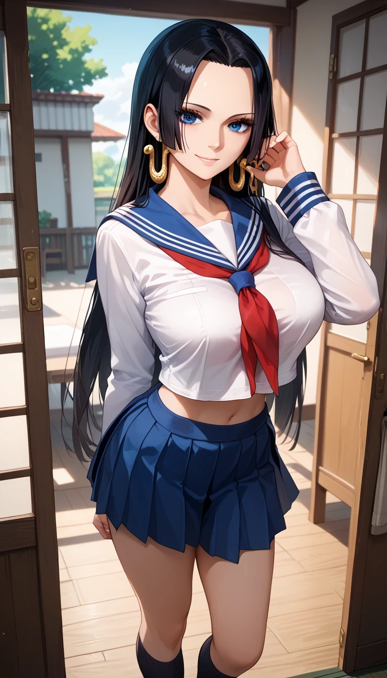 Close mouth,Milf, motherly, Fitgirl, Score_8_up, Score_7_up,  break, Best Quality, Beautiful Skin, Boa Hancock, Black Hair, blue eyes, Long Hair, forehead, Large Breasts, 1girl, solo, school_uniform, skirt, serafuku, socks, kneehighs, pleated_skirt, black_socks, neckerchief, red_neckerchief, long_sleeves, looking_at_viewer, shirt, standing, sliding_doors, sailor_collar, white_shirt, hand_up, smile, navel,