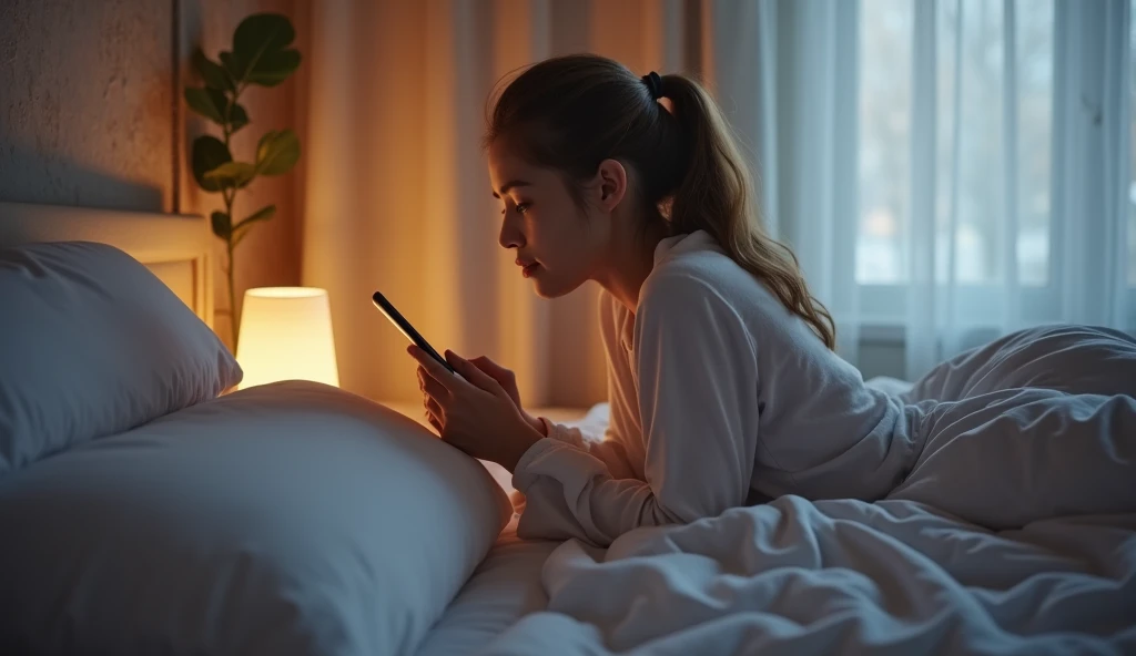 One young girl sitting in bed.use phone..right hand phone up in sleepy mood..room full lite pink .white bed.charger,laptop. Water bottle ..room in dark..one light lamp She is breaking her laziness by raising her hands
