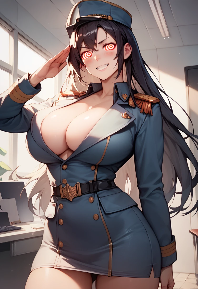 Score_9,Score_8_up,Score_7_up,detailed CG illustration,high res,Solo Beautiful woman,evilgrin,looking at viewer,salute,chestnut mouth,blush,posing,(large breast:1.15),cleavage,red eyes,(black long hair),(spiral eyes),hypnosis,millitary cap,tight royal military uniform,office,cowboy shot