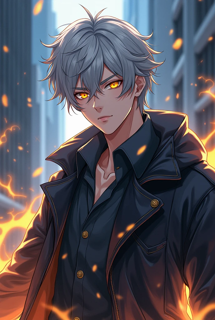 A young man with gray hair and yellow eyes , He wears a style like that of a modern sorcerer with a jacket over his shoulders, anime style