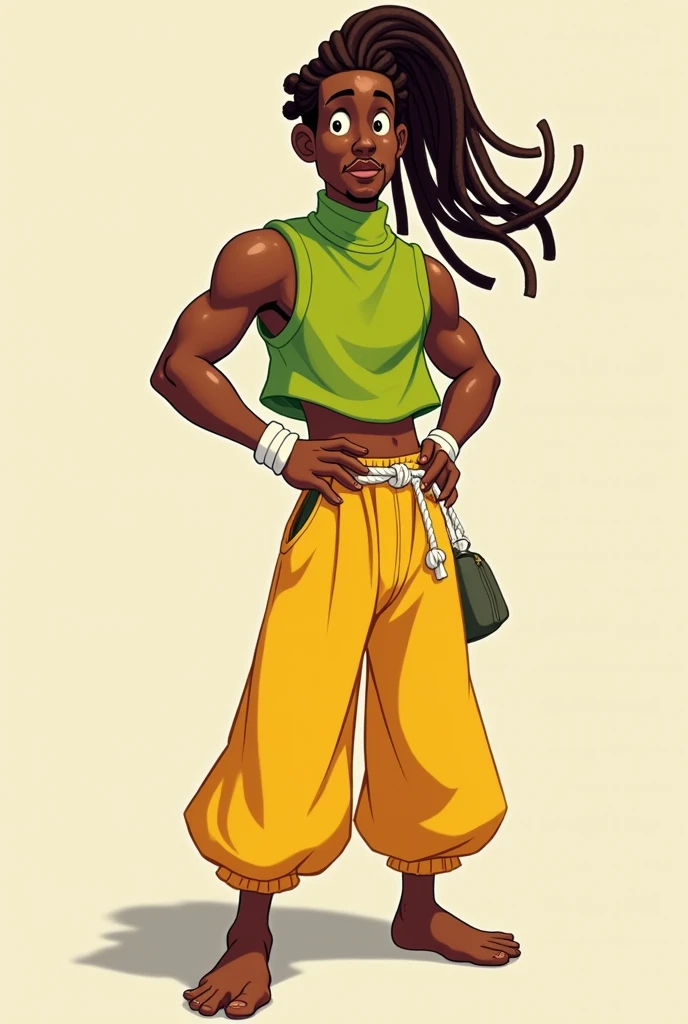 a black man with brown dreadlocks tied in a ponytail wearing a sleeveless yellow and green turtleneck mini-shirt with white wristbands, yellow capoeira pants and a white rope belt in disney style