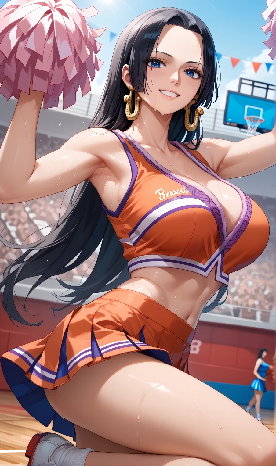 Close mouth,Milf, motherly, Fitgirl, Score_8_up, Score_7_up,  break, Best Quality, Beautiful Skin, Boa Hancock, Black Hair, blue eyes, Long Hair, forehead, Large Breasts, sensual woman, 1girl, cheerleader, pom_pom_(cheerleading), solo, white_background, simple_background, skirt, smile, looking_at_viewer, long_hair, sweat drop, basketball court, crowd, blurry backgrounds, Hands up, arms outstretched, one leg up, cheering