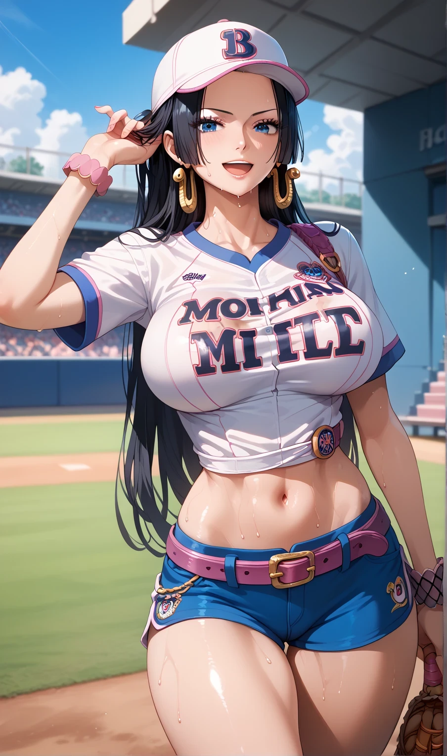 Close mouth,Milf, motherly, Fitgirl, Score_8_up, Score_7_up,  break, Best Quality, Beautiful Skin, Boa Hancock, Black Hair, blue eyes, Long Hair, forehead, Large Breasts, gyaru, 1girl, baseball_uniform, hat, sportswear, shorts, breasts, belt, baseball_cap, large_breasts, open_mouth, sweat, pantyhose, solo_focus, thighs, clothes_writing, smile