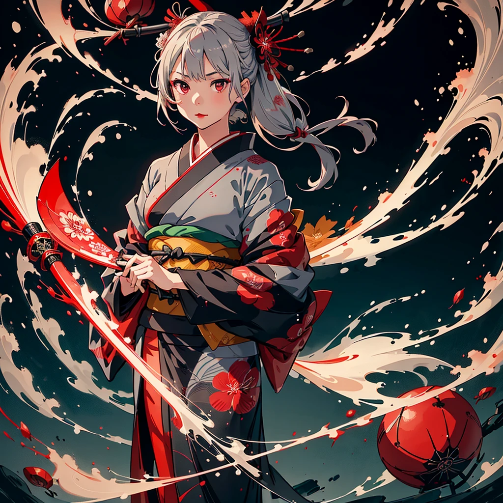 A girl in a kimono standing with a Japanese sword,  medium length of gray hair, red eyes,  red lips, A kimono with a red spider lily on a black background,  red splash pattern on black background,  stone open-air bath surrounded by very high quality , Ultra-fine detail, Very thin handle、Geometric pattern background 、