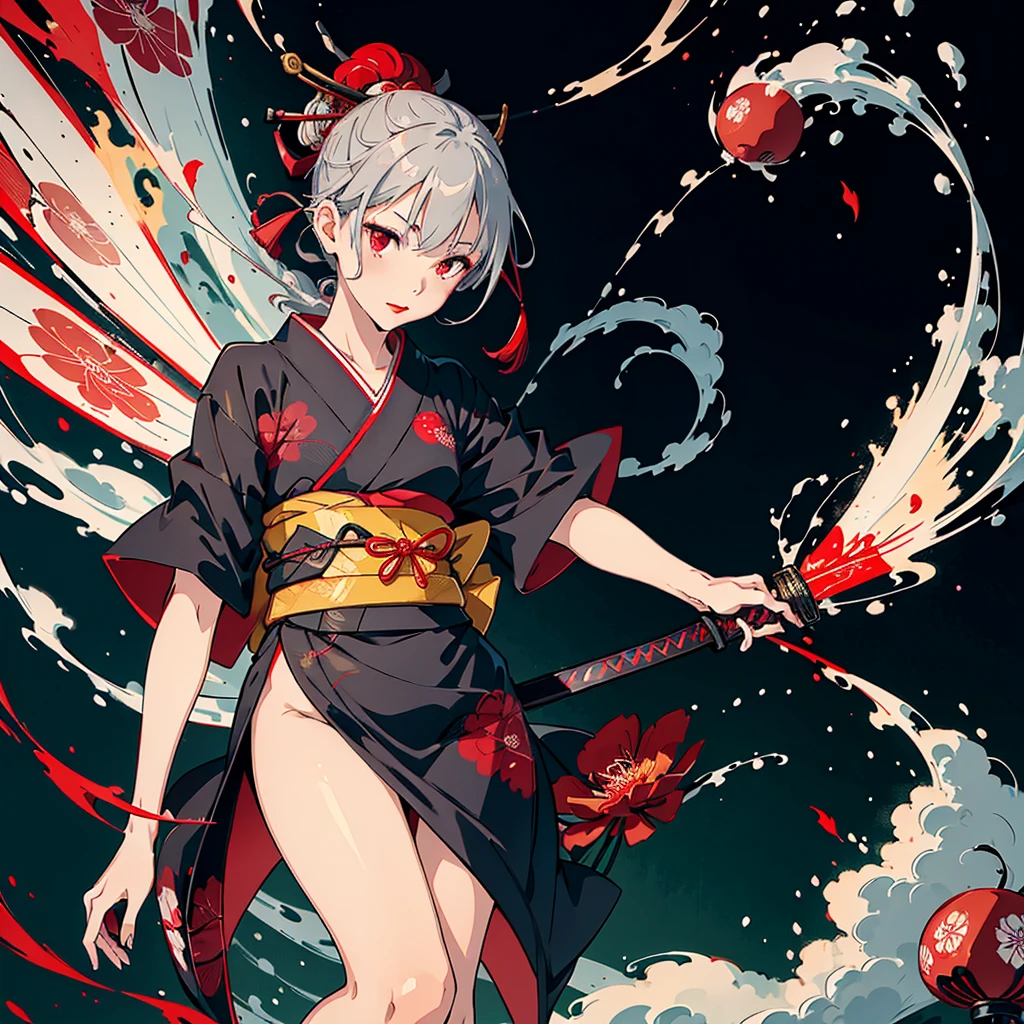 A girl in a kimono standing with a Japanese sword,  medium length of gray hair, red eyes,  red lips, A kimono with a red spider lily on a black background,  red splash pattern on black background,  stone open-air bath surrounded by very high quality , Ultra-fine detail, Very thin handle、Geometric pattern background 、