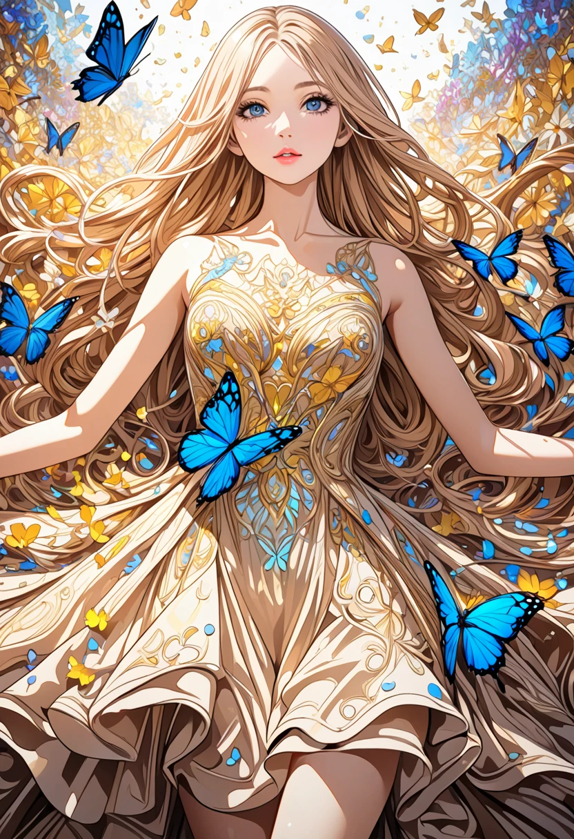  ( best quality ,  high image quality,  high definition , 8k),  Wears a Beige Thread Flowing Skirt , Anatomically perfect,  Very Attractive Pretty Girl ,  Exquisite Narrow Eyes ,  pink lips,  Her Beige Hair Flows in the Wind , Blue Butterflies and Yellow Butterflies , Lots of Petals ,   Swirling Around the Girl 、 Very Very Fantastic ,  Extraordinary Glitter ,  Glitter Art Decor, Soft Rich Level ,  Vivid Tones ,  Visually Beautiful Composition , Best Light ,  Shading Error ,  Complicated Ultra Detailed Art Pen , pentel illustration art, 
