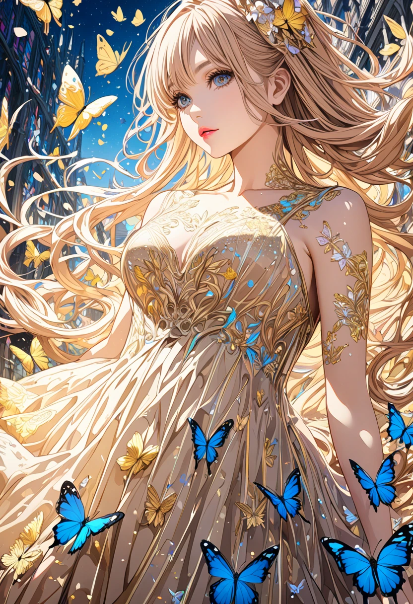  ( best quality ,  high image quality,  high definition , 8k),  Wears a Beige Thread Flowing Skirt , Anatomically perfect,  Very Attractive Pretty Girl ,  Exquisite Narrow Eyes ,  pink lips,  Her Beige Hair Flows in the Wind , Blue Butterflies and Yellow Butterflies , Lots of Petals ,   Swirling Around the Girl 、 Very Very Fantastic ,  Extraordinary Glitter ,  Glitter Art Decor, Soft Rich Level ,  Vivid Tones ,  Visually Beautiful Composition , Best Light ,  Shading Error ,  Complicated Ultra Detailed Art Pen , pentel illustration art, 
