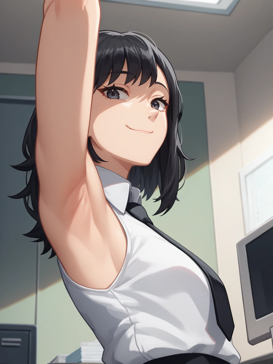 score_9, score_8_up, score_7_up, source_anime, anime screencap, 1girl, solo, indoors, japanese office, kobeni, black hair, medium hair, white collared shirt, sleeveless shirt, black necktie, sleeveless, looking at viewer, head towards viewer, facing viewer, arm up, raised arm, armpit, smile, closed mouth, from side, from below,