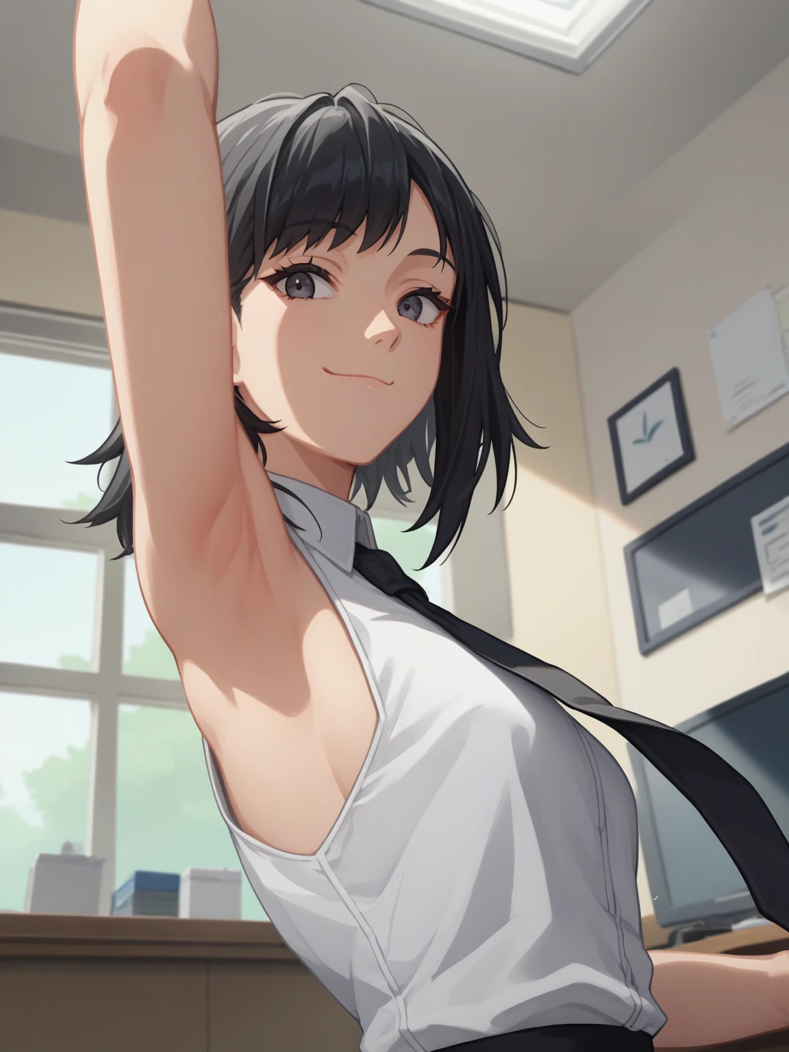 score_9, score_8_up, score_7_up, source_anime, anime screencap, 1girl, solo, indoors, japanese office, kobeni, black hair, medium hair, white collared shirt, sleeveless shirt, black necktie, sleeveless, looking at viewer, head towards viewer, facing viewer, arm up, raised arm, armpit, smile, closed mouth, from side, from below,