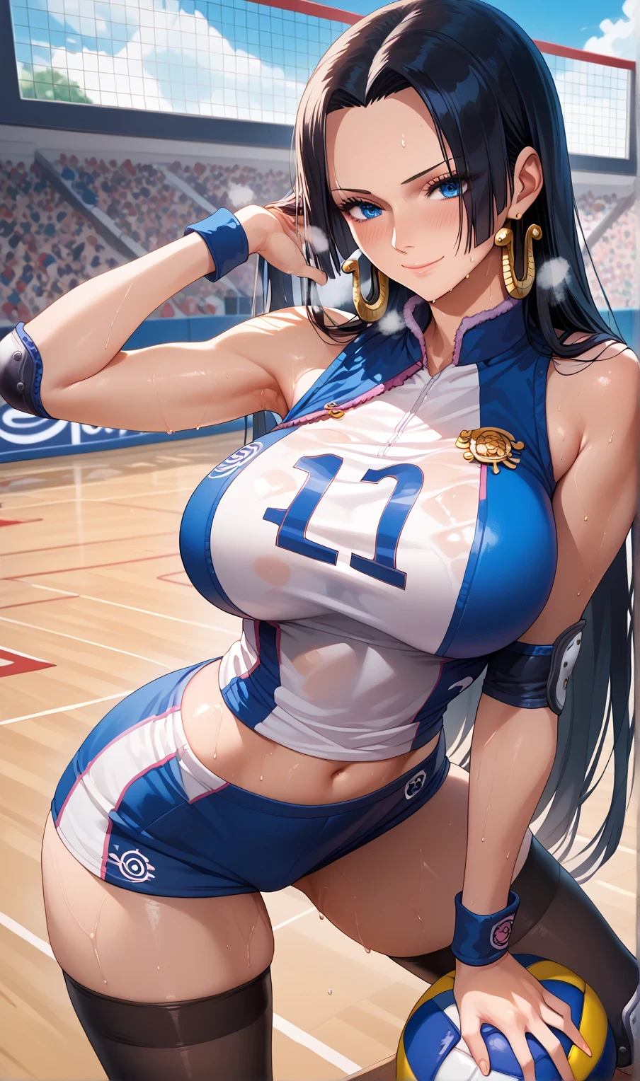 Close mouth,Milf, motherly, Fitgirl, Score_8_up, Score_7_up,  break, Best Quality, Beautiful Skin, Boa Hancock, Black Hair, blue eyes, Long Hair, forehead, Large Breasts, sensual woman, volleyball_uniform, 1girl, solo, long_hair, knee_pads, sportswear, elbow_pads, volleyball court, thighhighs, sweat, bandages, breasts, closed_mouth, sleeveless, black_thighhighs, smile, blush, heavy breath, sweat drop