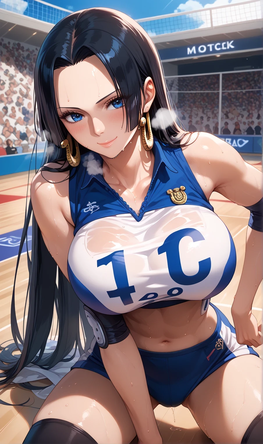 Close mouth,Milf, motherly, Fitgirl, Score_8_up, Score_7_up,  break, Best Quality, Beautiful Skin, Boa Hancock, Black Hair, blue eyes, Long Hair, forehead, Large Breasts, sensual woman, volleyball_uniform, 1girl, solo, long_hair, knee_pads, sportswear, elbow_pads, volleyball court, thighhighs, sweat, bandages, breasts, closed_mouth, sleeveless, black_thighhighs, smile, blush, heavy breath, sweat drop